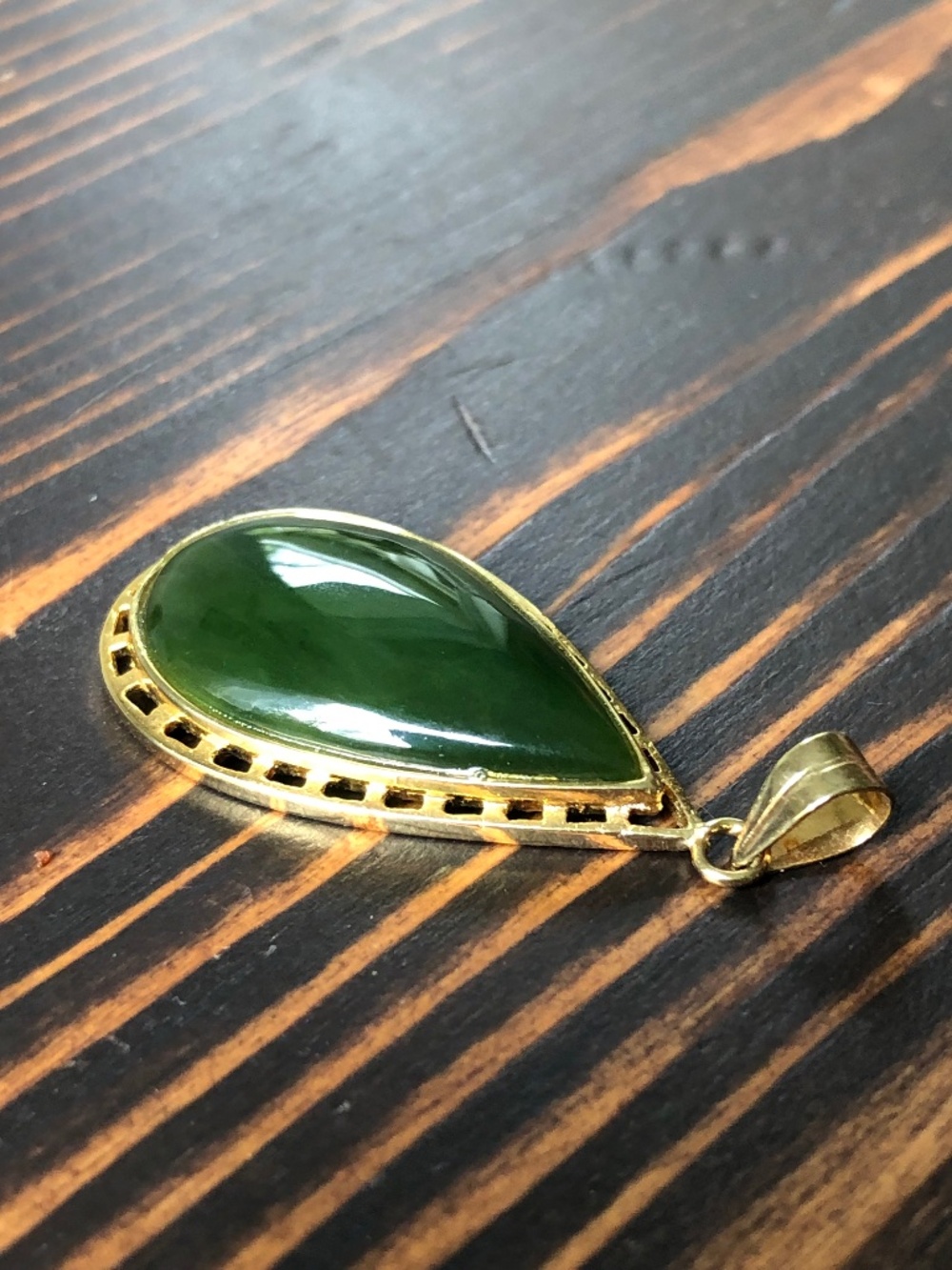 Green Jade Gold Plate Pendant Pear or Teardrop Shape